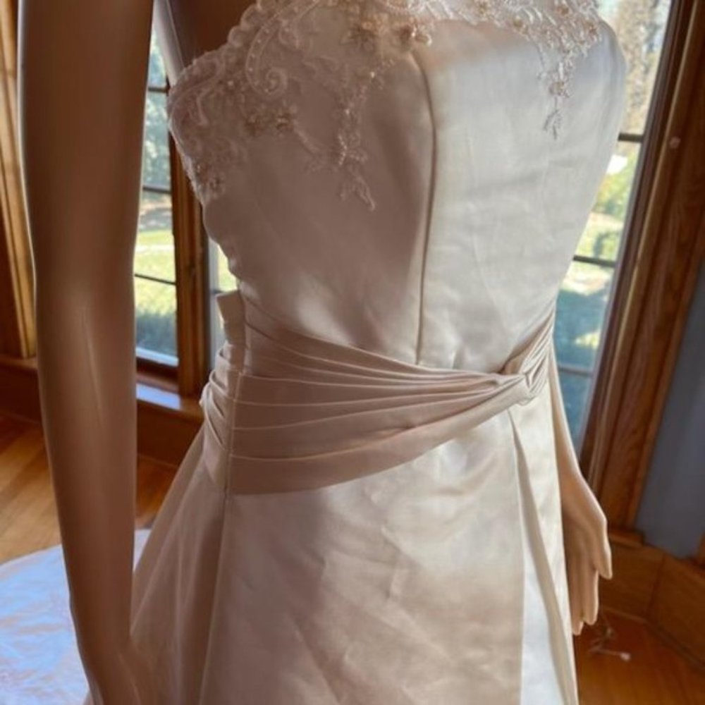 *Michaelangelo Ivory Champagne Satin Strapless Wedding Dress Bridal Gown Size 10